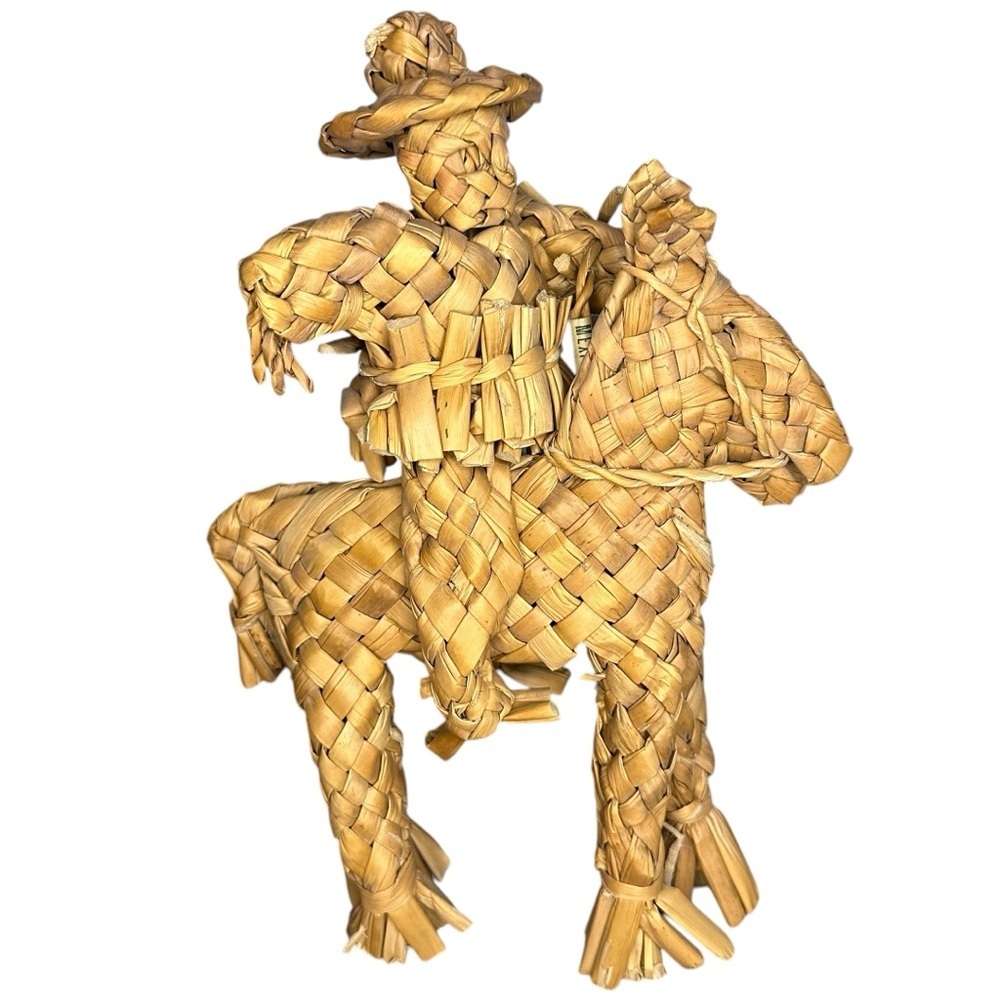 Vintage Rattan Folk Art Mexican Vaquero Cowboy on Horse 18"